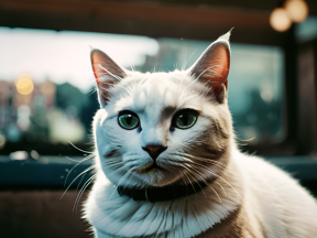 Startled Cat with Bell Collar in Dimly Lit Indoor Setting