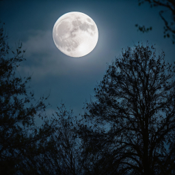 Serene Full Moon Rising Over Silhouetted Treetops at Dusk