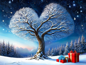 Winter Wonderland: A Heart of Branches Under a Starry Night with a Festive Gift