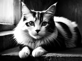 Majestic Fluffy Cat with Striking Stripes Poses Gracefully on Stepped Surface