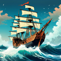 Stylized Classic Sailing Ship at Dawn on the Open Sea