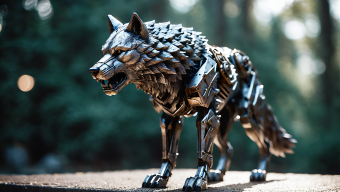 Intricately Detailed Metallic Wolf Robot Sculpture in a Forest Setting