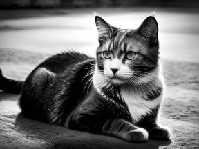 Attentive Striped Tabby Cat Posing Outdoors on a Blurred Concrete Background