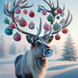 Festive Reindeer with Ornament-Adorned Antlers in a Snowy Winter Wonderland