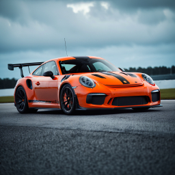 Vibrant Orange Porsche Sports Car Ready for High-Performance Racing on Airfield Track