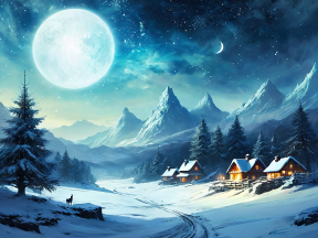 Serene Winter Night: Snowy Village Beneath a Starry Sky and Northern Lights