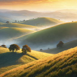 Serene Sunrise Over Rolling Green Hills and Distant Mountains