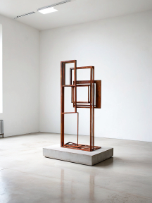 Layered Reflections: A Modern Abstract Metal Sculpture in a Minimalist Gallery Setting