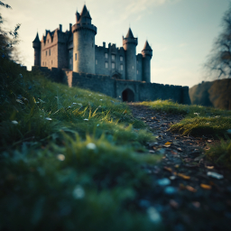 Majestic Medieval Castle on a Hillside Path at Dawn