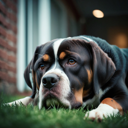 Relaxed Large Brown and White Dog Resting on Grass Near Building Entrance