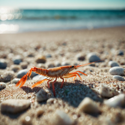 Solitary Red Land Crab Making Its Way Across a Sandy Beach Toward the Ocean Waves