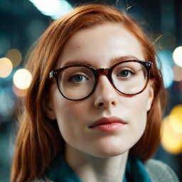 Nighttime Portrait of a Red-Haired Person with Glasses Outdoors