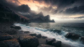 Stormy Coastal Majesty: Rugged Cliffs and Churning Seas Under Moody Skies