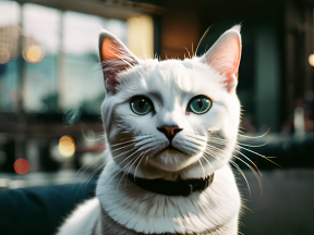 Striking Blue-Eyed Cat with Distinctive Markings in Soft Indoor Lighting