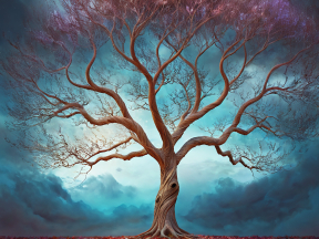 Ancient Gnarled Tree Standing Resilient Amidst a Dramatic Cloudy Sky