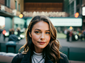 Thoughtful Woman in White Turtleneck Amid Urban Street Scene