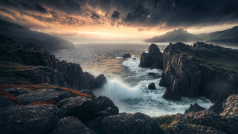 Stormy Coastal Cliffs at Dawn: A Moody Seascape of Nature's Raw Power