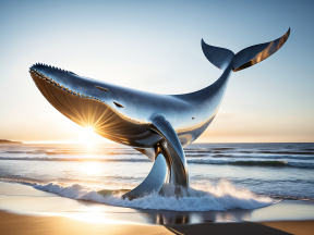 Sunset Silhouette: Majestic Metallic Whale Sculpture on the Shore