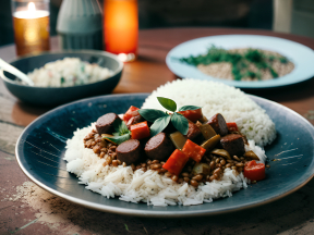 Hearty Chickpea and Meat Curry Served Over Rice with Fresh Herb Garnish