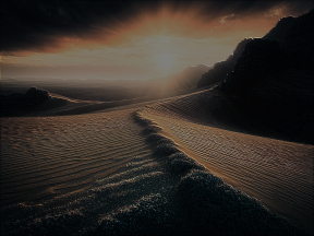 Golden Horizon: Tranquil Sunrise Over Rolling Sand Dunes