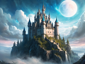 Enchanted Castle on the Cliff: A Mystical Fortress Beneath the Crescent Moon