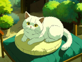 Curious Cat with Bright Eyes Relaxing Amidst Lush Greenery: A Charming Cartoon Scene