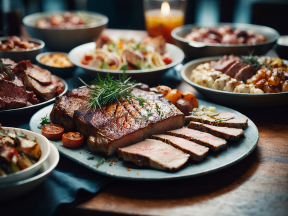 Elegant Dining Experience Featuring Herb-Garnished Meat and Assorted Side Dishes