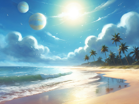 Celestial Serenity: A Surreal Beach Sunset with Planets and Cosmic Clouds