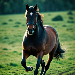 Galloping Horse in Sunlit Open Field: A Dynamic Moment in Nature