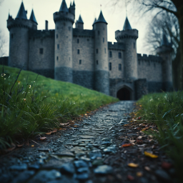 Majestic Medieval Castle in Autumn: A Grand Fortress Amidst Falling Leaves