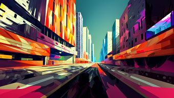 Vibrant Urban Dawn: A Surreal Cityscape in Colorful Digital Art