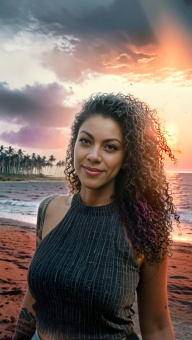 Woman Standing on Beach at Sunset with Dramatic Cloudscape