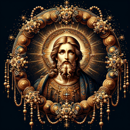 Serene Portrait of Jesus Christ with Halo and Decorative Beaded Border in Christian Iconography