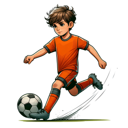 Young Boy in Orange Soccer Uniform Kicking Ball with Dynamic Motion on Green Field