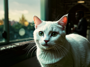 Calm Cat on Windowsill with Person in Background: A Cozy Indoor Moment