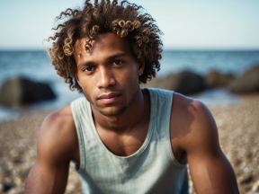 Contemplative Moment: Man with Curly Hair Sitting Calmly on the Beach at Dusk