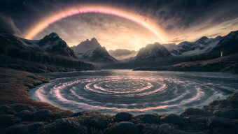 Celestial Halo Over Icy Mountain Shores: A Serene Sci-Fi Landscape
