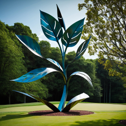 Abstract Outdoor Sculpture of Radiant Leaves Amidst Lush Greenery
