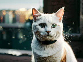 Focused Gaze: A Striking Green-Eyed Cat with Bell Collar Against a Warm Street Background