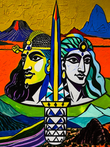 Symbolic Duel: A Vibrant Folk Art Depiction of Two Figures Amidst a Mountainous Landscape