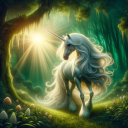 Majestic Unicorn in an Enchanting Misty Forest: A Fairy Tale Fantasy Scene