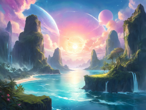 Celestial Oasis: A Fantastical Landscape of Waterfalls, Mountains, and Otherworldly Skies
