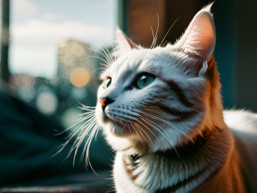 Contemplative Tuxedo Cat with Cityscape Backdrop on a Cloudy Day