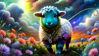 Whimsical Blue Sheep Knight in a Vibrant Magical Flowerland