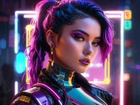 Futuristic Cyberpunk Portrait: Vibrant Purple-Haired Tech Warrior with Holographic Interfaces