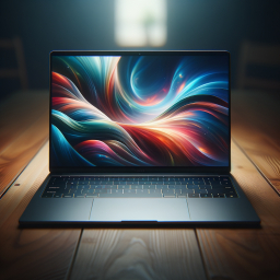 Vibrant Laptop Display on Wooden Desk in Natural Indoor Light