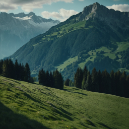 Majestic Alpine Landscape: Lush Green Fields and Snow-Capped Mountain Peaks