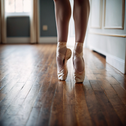 Graceful Poise: Close-Up of Ballet Pointe Shoes on Wooden Floor