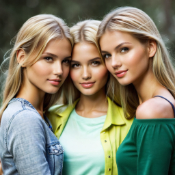 Three Blonde Women Posing Together Outdoors in Coordinated Fashion and Makeup