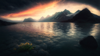 Tranquil Twilight: A Serene Lakeside Landscape at Sunset